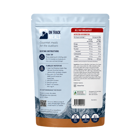 A stand-up pouch of All Day Breakfast, On Track Meals for the outdoors, shown from the back with product details, heating instructions, and nutrition information visible on a white background.