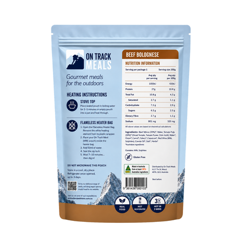 A stand-up pouch of Beef Bp;pgmese, On Track Meals for the outdoors, shown from the back with product details, heating instructions, and nutrition information visible on a white background.