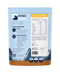 A stand-up pouch of Pumpkin and Potato Mash, On Track Meals for the outdoors, shown from the back with product details, heating instructions, and nutrition information visible on a white background.
