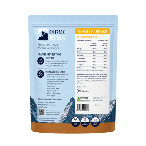 A stand-up pouch of Pumpkin and Potato Mash, On Track Meals for the outdoors, shown from the back with product details, heating instructions, and nutrition information visible on a white background.